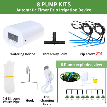 Automatic Plant Flower Watering Pump Home Sprinkler Drip Irrigation Device 2/4/8/16 Heads Pump Timer System Kit Garden Tool