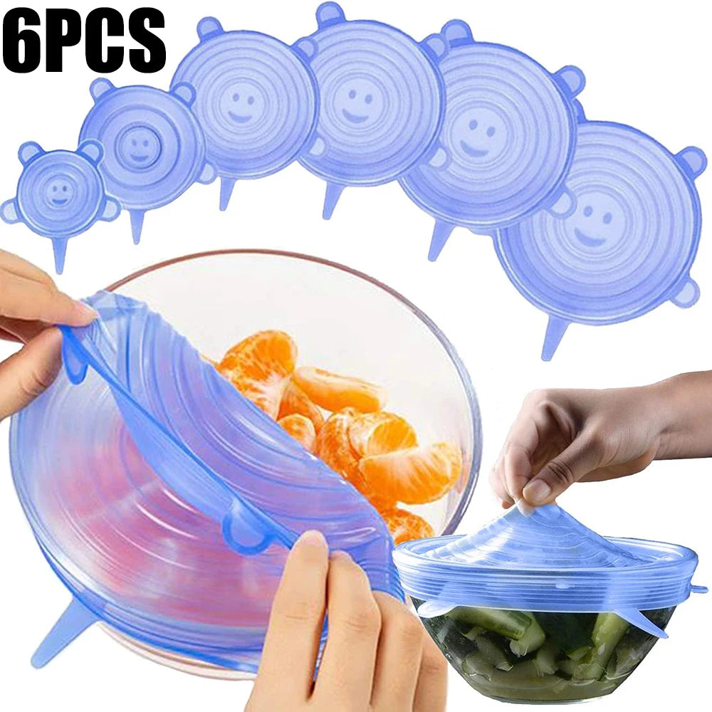 6Pcs Food Grade Silicone Preservation Cover Reusable Airtight Food Universal Dish Stretch round Lids for Kitchen Accessories